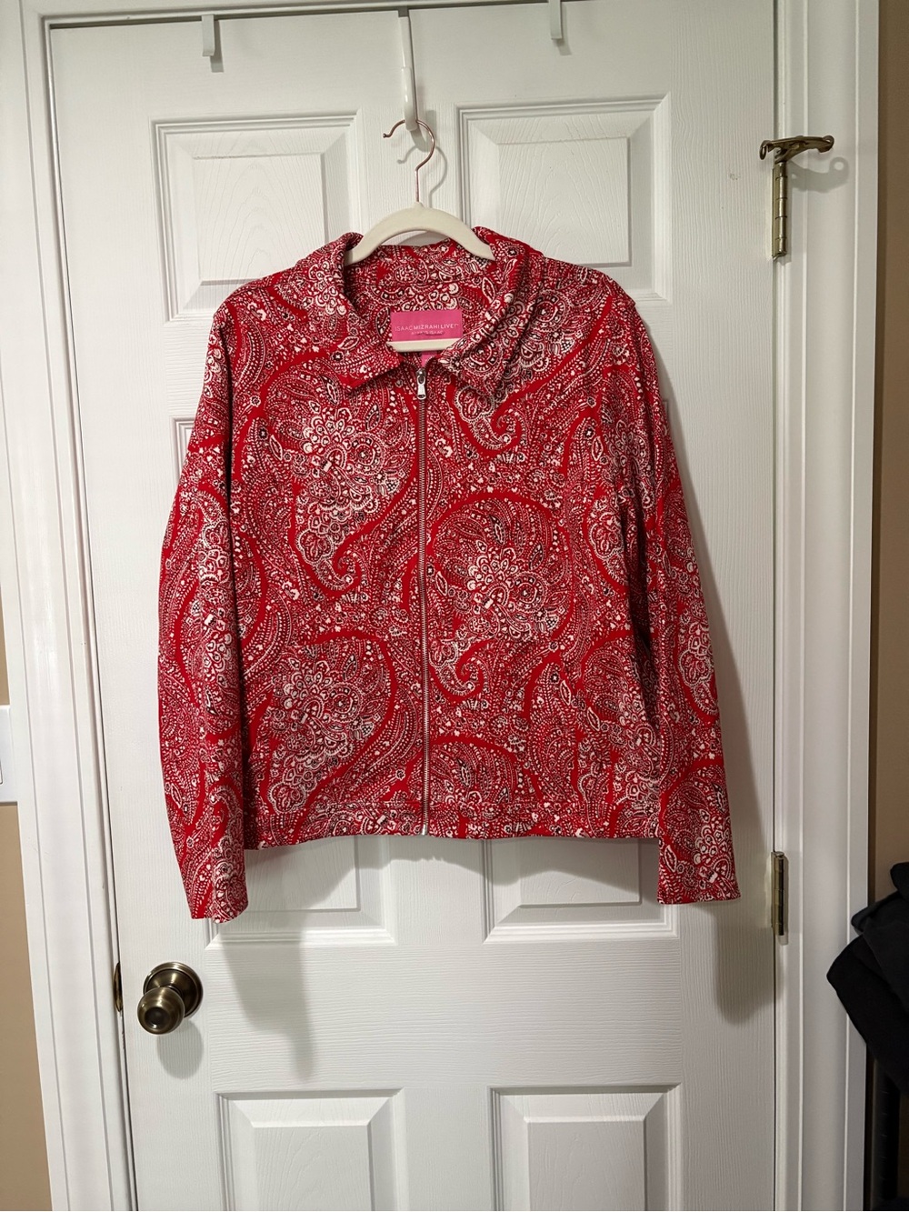 Isaac Mizrahi Red Paisley Zip-Front Jean Jacket